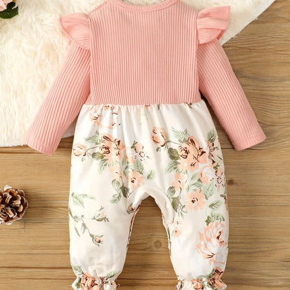 0-2-year-old newborn baby girl spring and autumn section pink shirt flower print one-piece trousers cute