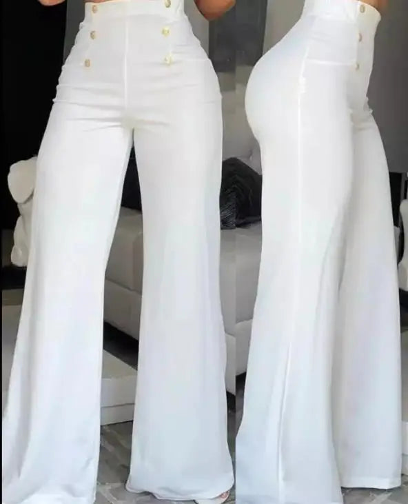 Stylish high-waisted wide-leg pants with button decoration for women, perfect for summer fashion and streetwear