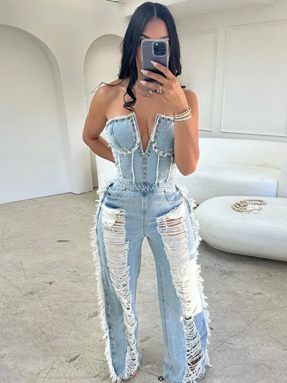 Tassel Hollow Out Denim Overalls for Women with Studded Details