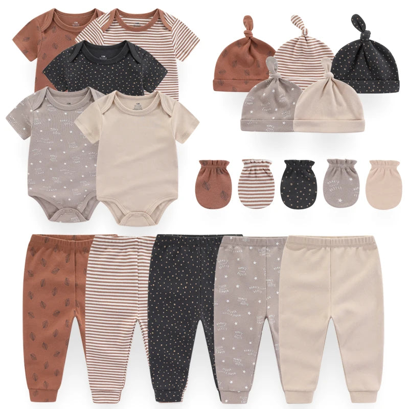 New Born Baby Girl Clothes Sets Unisex Solid Color Cotton Baby Boy Clothes Cartoon Bodysuits+Pants+Gloves+Hats Print Bebes