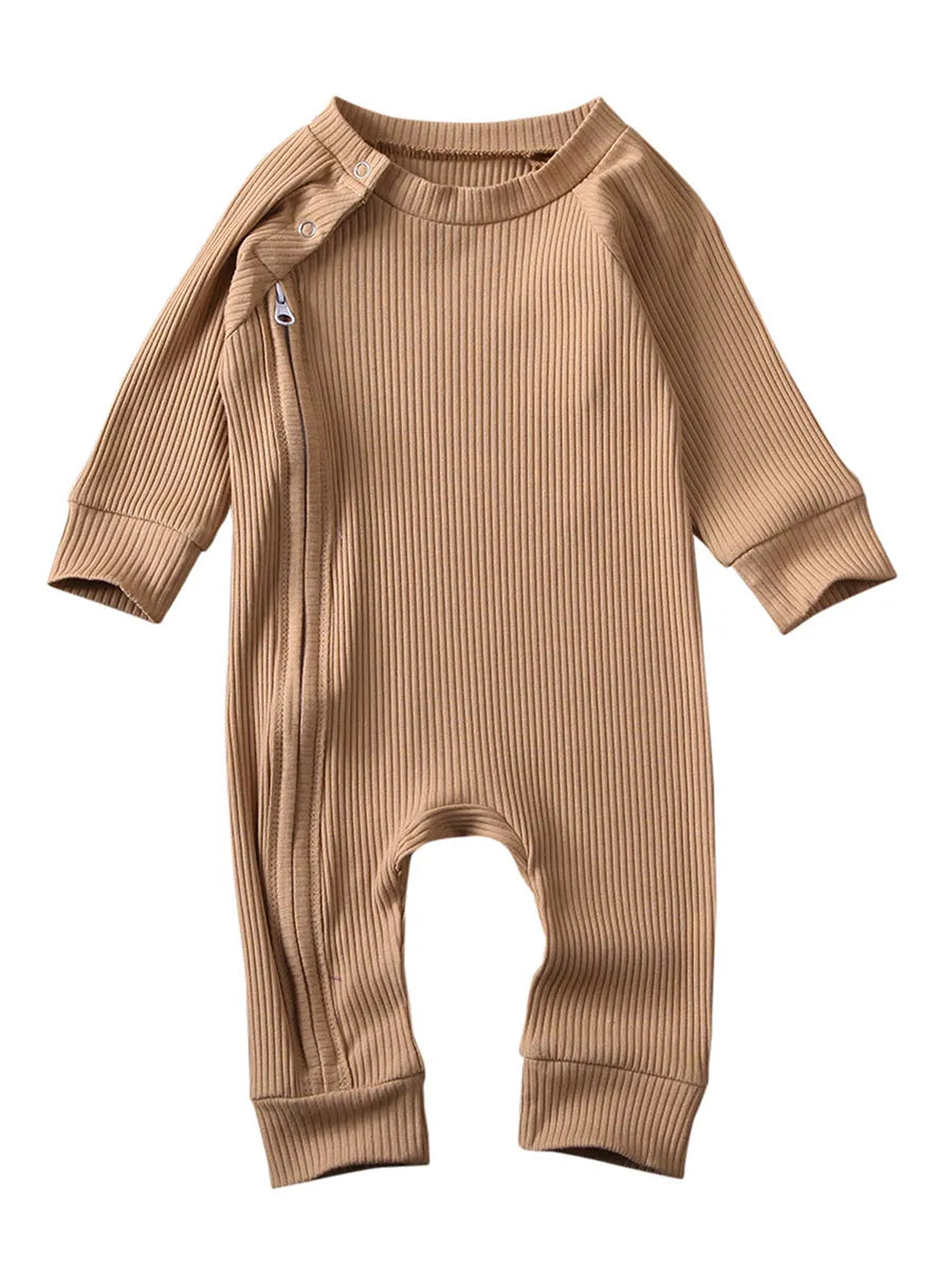 Title: Cozy Baby Ribbed Romper - Long Sleeve Crewneck Jumpsuit with Zipper Closure