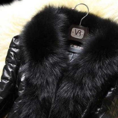 Faux Fur Collar Leather  Fleece Lining and Faux Rabbit Fur Trim - Winter Luxury Jacket