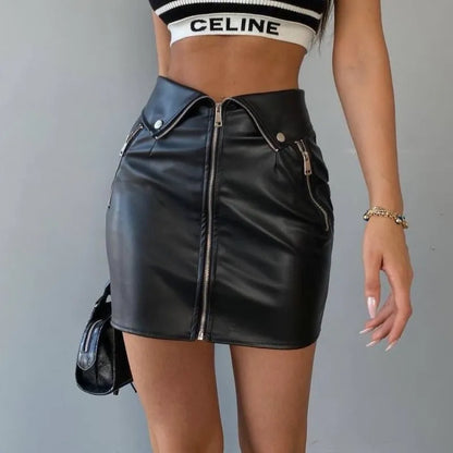 Multi Zipper PU Leather Skirt Sexy High-waist Bodycon Women Hip Skirts 2023 Summer Grunge Streetwear Mini Dresses