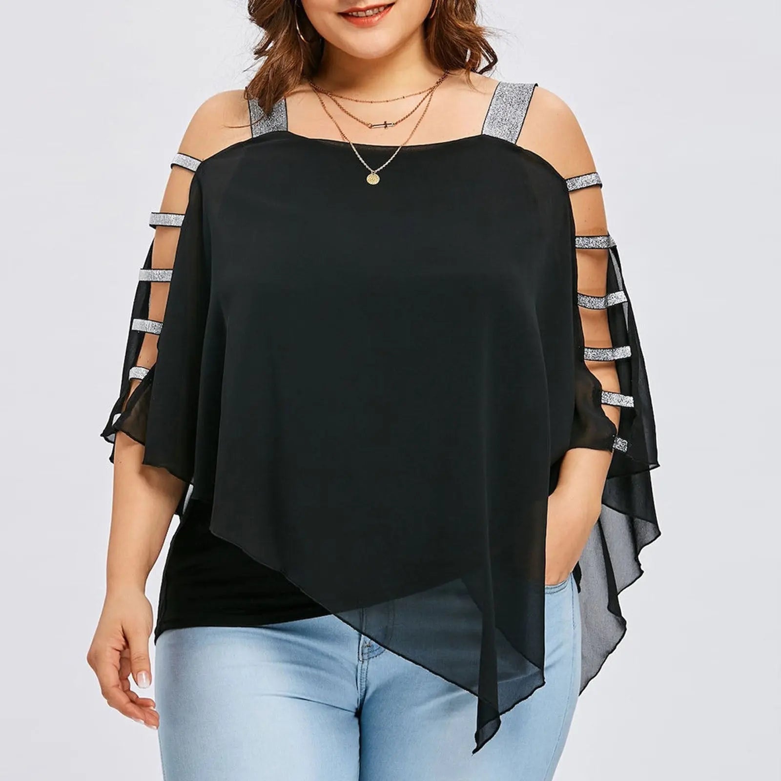 Sexy Fashion Plus Size Tops Women Ladder Sling Cut Overlay Patchwork Hollow Out Blouse Strapless Tops Flare Sleeves Blouse.