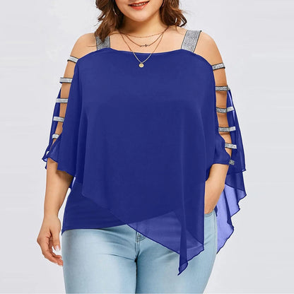 Sexy Fashion Plus Size Tops Women Ladder Sling Cut Overlay Patchwork Hollow Out Blouse Strapless Tops Flare Sleeves Blouse.