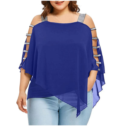 Sexy Fashion Plus Size Tops Women Ladder Sling Cut Overlay Patchwork Hollow Out Blouse Strapless Tops Flare Sleeves Blouse.