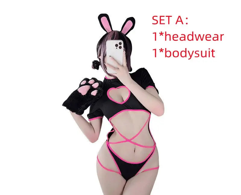 Sexy Women Bodysuit Heart-Shaped Hollow Design Black And Pink Bunny Cosplay Costumes Tempatation Lingerie Skinny HOT.