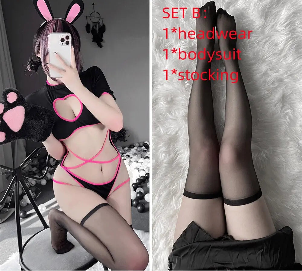 Sexy Women Bodysuit Heart-Shaped Hollow Design Black And Pink Bunny Cosplay Costumes Tempatation Lingerie Skinny HOT.