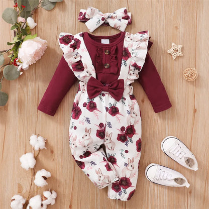 "Infant Girl Red Long Sleeve Bodysuit and Flower Strap Pants Set - New Years Clothing Suit (0-18 Months)"
