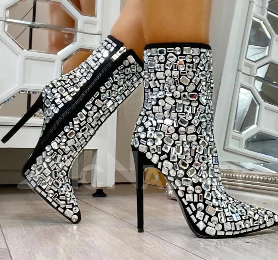 Elegant Crystal Heeled Boots with Rhinestones and Pointed Toe - Luxury Designer Style, Perfect for Banquets and Events - Stiletto Handmade Women's Boots