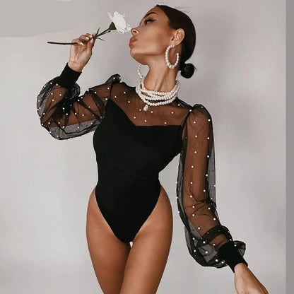 Voguable Mesh Pearl Patchwork Long Puff Sleeve Sexy Bodysuit Winter Women Fashion Streetwear Party Elegant Lady Romper.