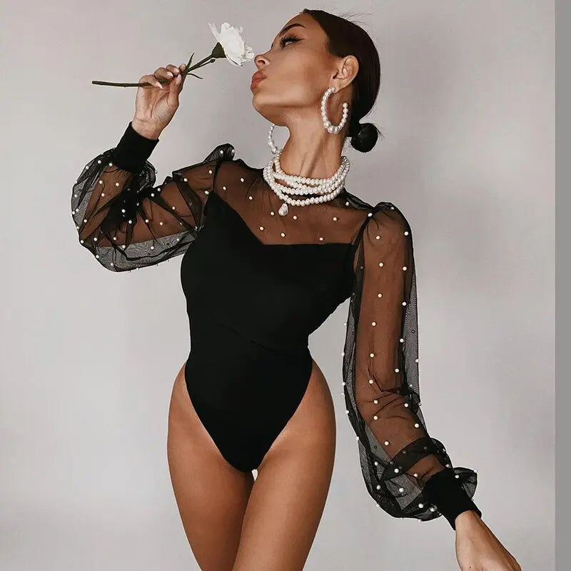 Voguable Mesh Pearl Patchwork Long Puff Sleeve Sexy Bodysuit Winter Women Fashion Streetwear Party Elegant Lady Romper.