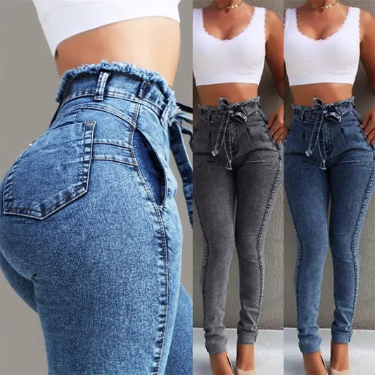 hot sale women's  slim fit stretch fringed belt high waist jeans.