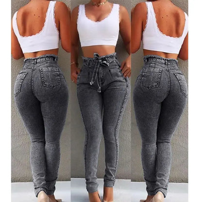 hot sale women's  slim fit stretch fringed belt high waist jeans.
