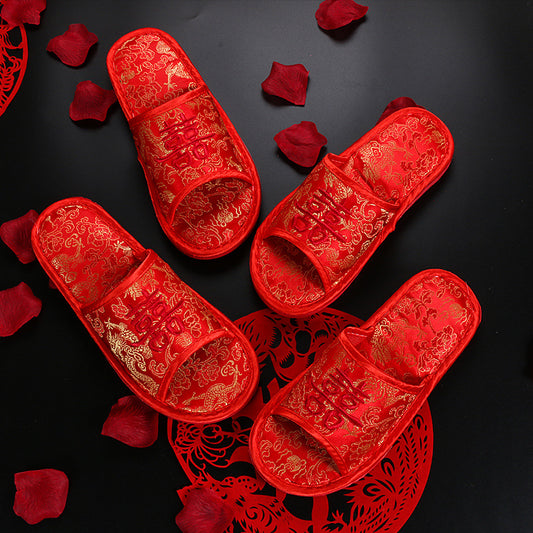 Double Happiness Red Wedding Slippers for Couples - Spring/Autumn Bride and Groom House Shoes