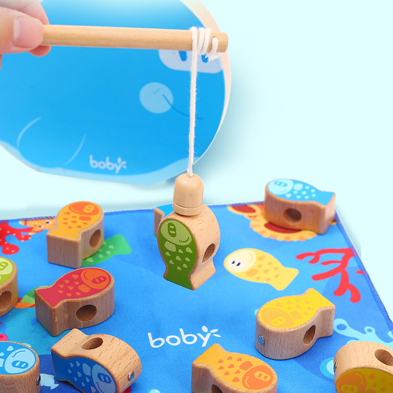 Multifunctional Magnetic Fish Stack Wooden Toy with Turning Rope