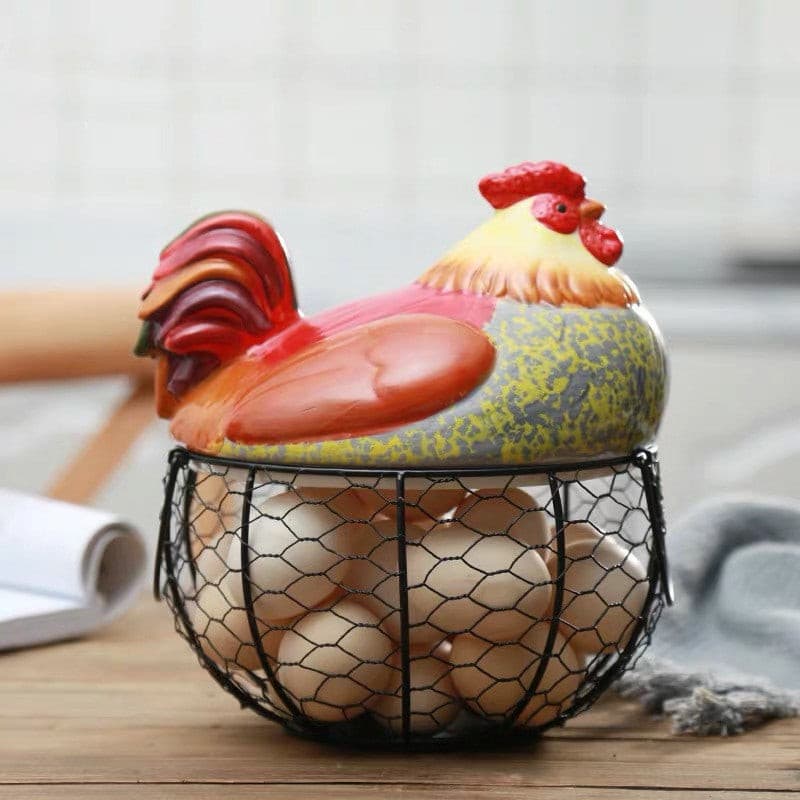 Ceramic Rooster & Iron Woven Basket.