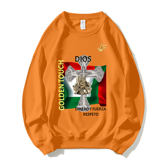 GOLDEN TOUCH DIOS  DINERO FUERZA RESPETO Dropped Shoulder Trend Crew Neck Hoodie