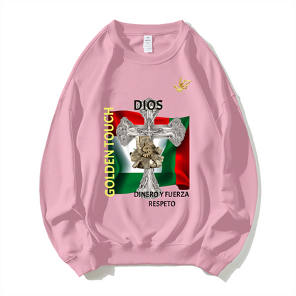 GOLDEN TOUCH DIOS  DINERO FUERZA RESPETO Dropped Shoulder Trend Crew Neck Hoodie