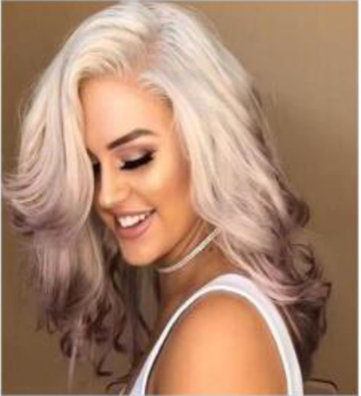 Gradient lilac long straight hair.