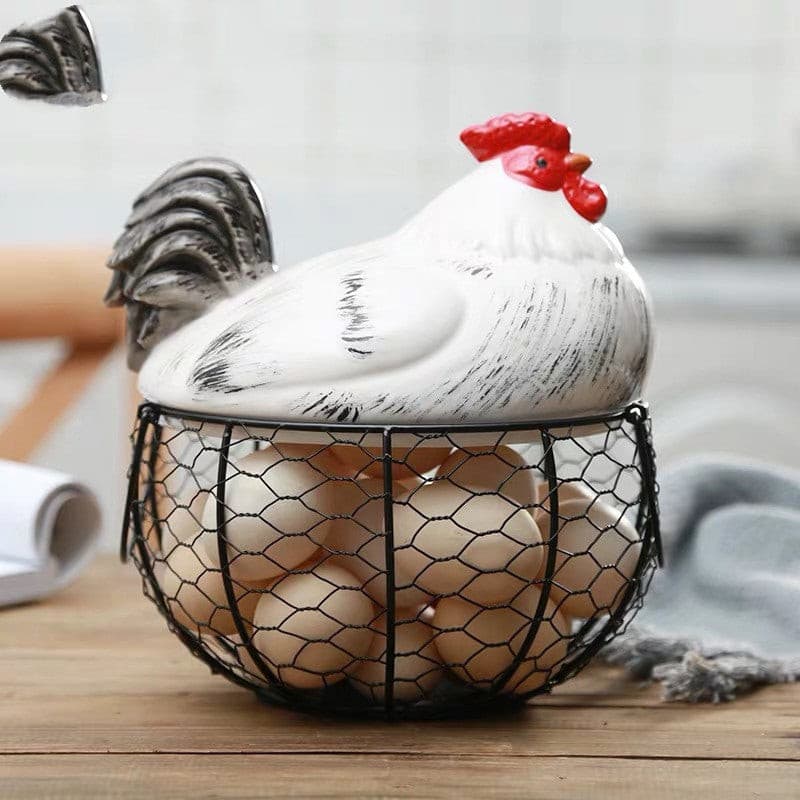 Ceramic Rooster & Iron Woven Basket.