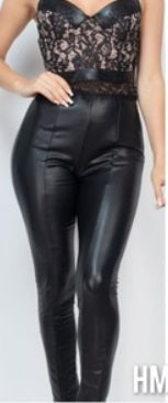 Black Faux Leather Elastic Waist Pants.
