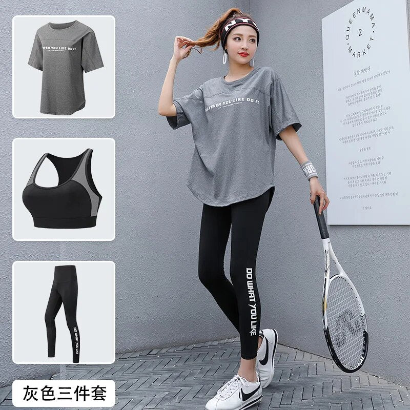 Women 2/3 Piece Set Breathable Quick Dry Fitness Gym Loose T Shirt+Bra+Leggings Sports Running Yoga Suits Plus Size