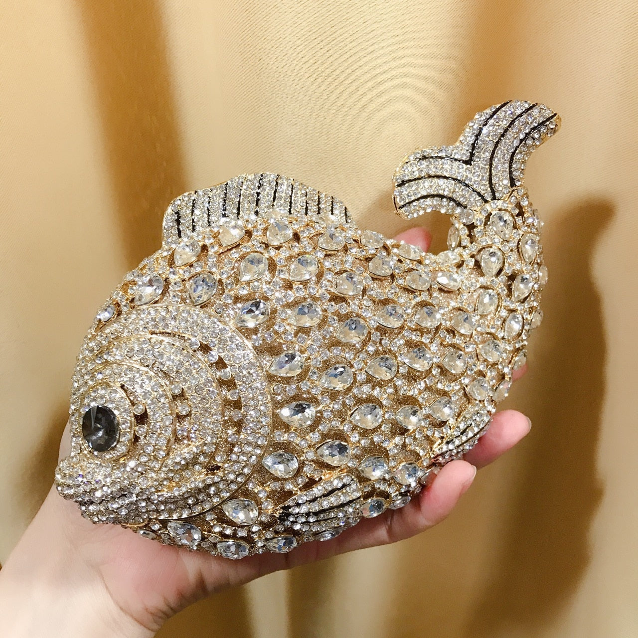 XIYUAN Gold Dazzling Fish Shape Crystal Diamond Women Evening Clutch Bag Bridal Wedding Gift Lovely Dinner Party Handbag Purse.