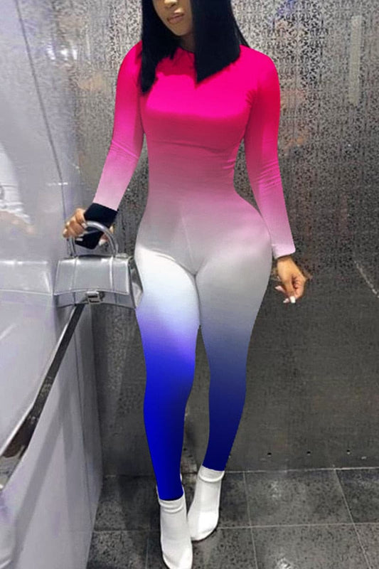 Workout Active Wear Gradients Color Rompers Womens Jumpsuit Sporty Long Sleeve Fitness Clubwear Zipper Party Jumpsuits Bodycon - GOLDEN TOUCH APPARELS WOMEN