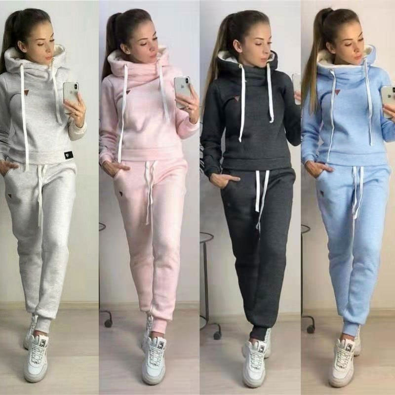 Autumn Winter 2 Piece Set Tracksuit Women Sportwear Fleece Hoodies Pullover Sweatshirts Baggy Trousers Jogger Pants Warm Outfits - GOLDEN TOUCH APPARELS WOMEN