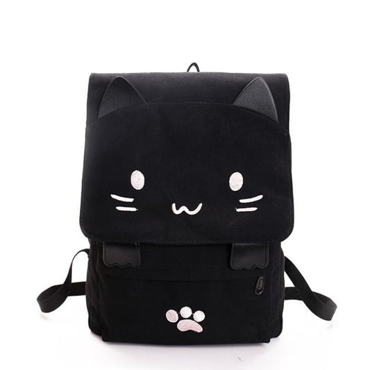 2022 Cute Cat Canvas Backpack Cartoon Embroidery Backpacks For Teenage Girls School Bag Casual Black Printing Rucksack Mochilas - GOLDEN TOUCH APPARELS WOMEN