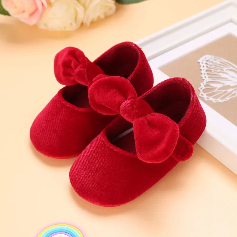 Christmas Red Velvet Princess Baby Shoes with Bow, Size 0-18 Months
