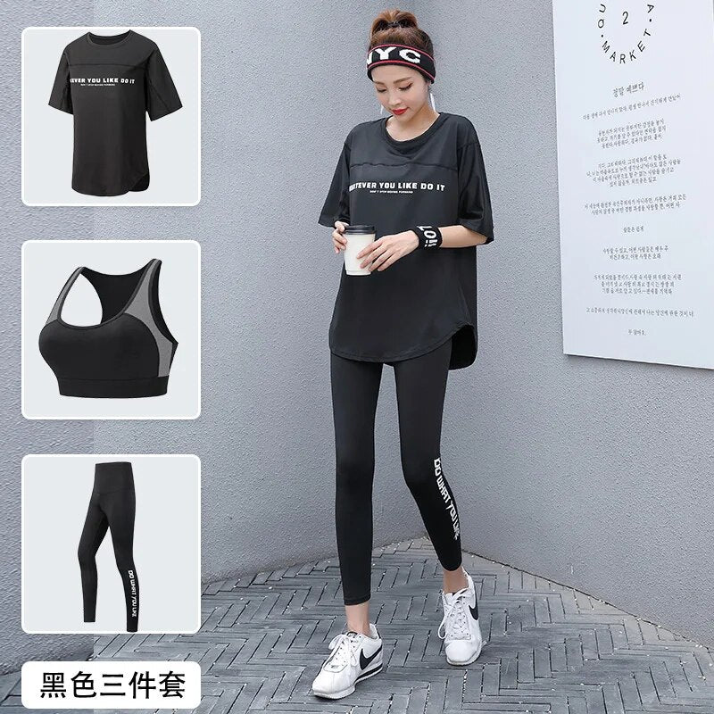 Women 2/3 Piece Set Breathable Quick Dry Fitness Gym Loose T Shirt+Bra+Leggings Sports Running Yoga Suits Plus Size