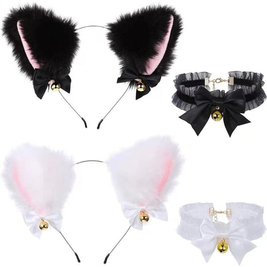 1Set Cat Ear Headband With Bells Necklace Plush Furry Cat Ears Headwear Fancy Dress Hairband Women Girls Party Cosplay Headwear - GOLDEN TOUCH APPARELS WOMEN