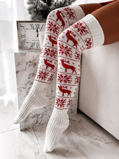 Christmas Women's Socks Thigh High Socks Snowflake Print Knit Over The Knee Stockings Female Warm Socks Hosiery Autumn Winter