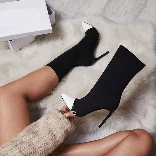 New Arriva Stretch Fabric Women Ankle Boots Pointed Toe High Heels Slip-On Sexy Sock heels Chelsea Boots  2019