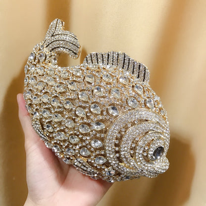 XIYUAN Gold Dazzling Fish Shape Crystal Diamond Women Evening Clutch Bag Bridal Wedding Gift Lovely Dinner Party Handbag Purse.