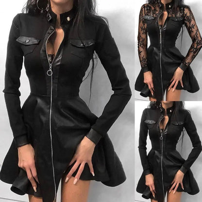 Elegant Lace Faux Leather Mini Dress with Zipper Pocket and Large Hem - Women's Clothing (5XL)