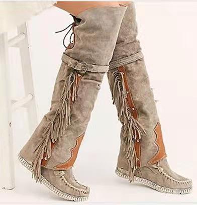 Fashion Bohemia Knee-length Women Boots Ethnic Personality High Boots Tassels Faux Suede Boots Girl Flat Bottom Long Botas Mujer - GOLDEN TOUCH APPARELS WOMEN