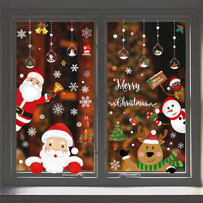 2022 Removable Christmas PVC Static Sticker Santa Elk Window Stickers Beautify Snowflake Wall Decals New Year Party Glass Paste