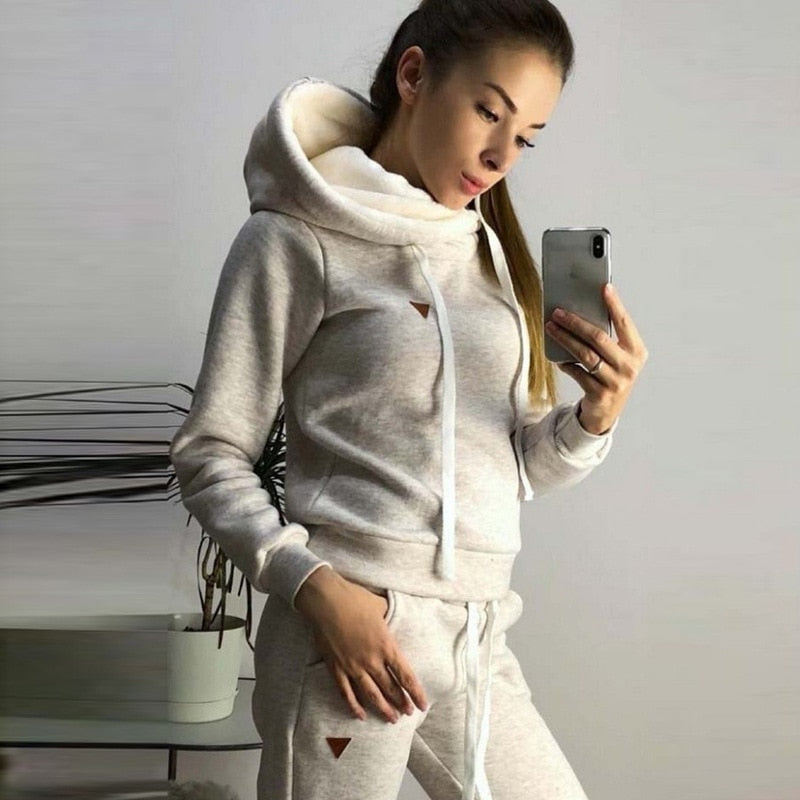 Autumn Winter 2 Piece Set Tracksuit Women Sportwear Fleece Hoodies Pullover Sweatshirts Baggy Trousers Jogger Pants Warm Outfits - GOLDEN TOUCH APPARELS WOMEN