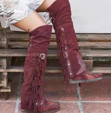 Fashion Bohemia Knee-length Women Boots Ethnic Personality High Boots Tassels Faux Suede Boots Girl Flat Bottom Long Botas Mujer - GOLDEN TOUCH APPARELS WOMEN