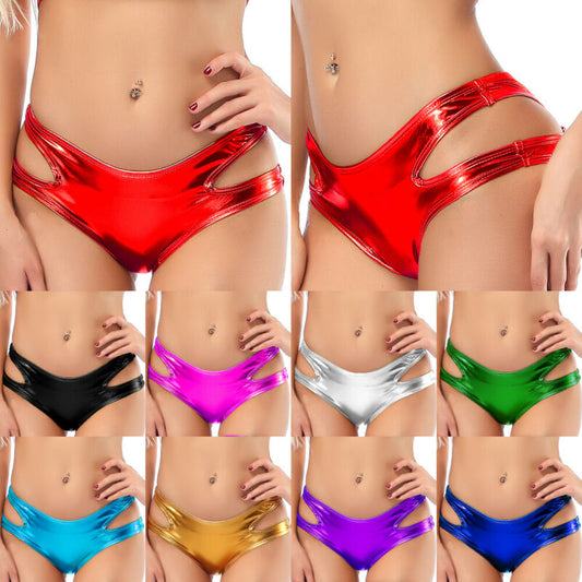 Womens Shiny Metallic Hollow Out Briefs PU Leather Hot Shorts Underwear Rave Dance Clubwear Pole Dancing Panties - GOLDEN TOUCH APPARELS WOMEN