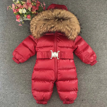 : "Warm Winter Baby Rompers with Duck Down Padding and Real Fur Collar for Boys and Girls (1-5 Years)"