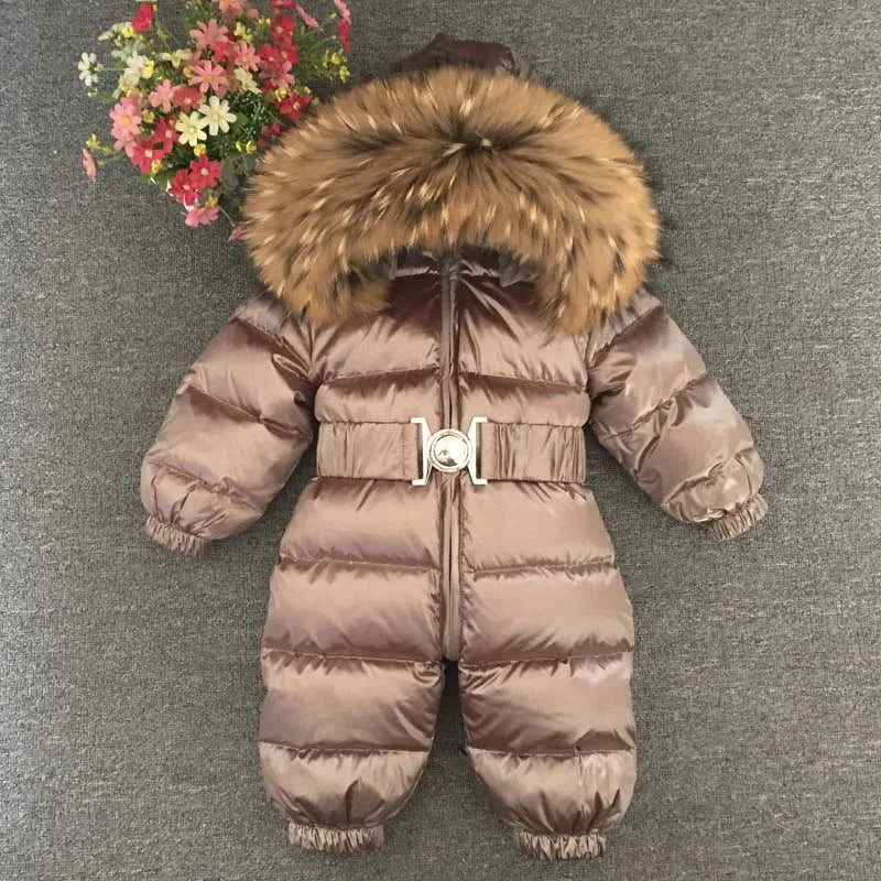 : "Warm Winter Baby Rompers with Duck Down Padding and Real Fur Collar for Boys and Girls (1-5 Years)"