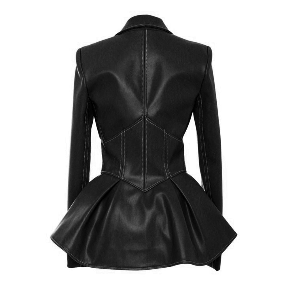 QUEENUS Faux Leather Women PU Jacket Coat Black Gothic Fashion Pleated V-neck 2021 Spring Female Plus Size - GOLDEN TOUCH APPARELS WOMEN