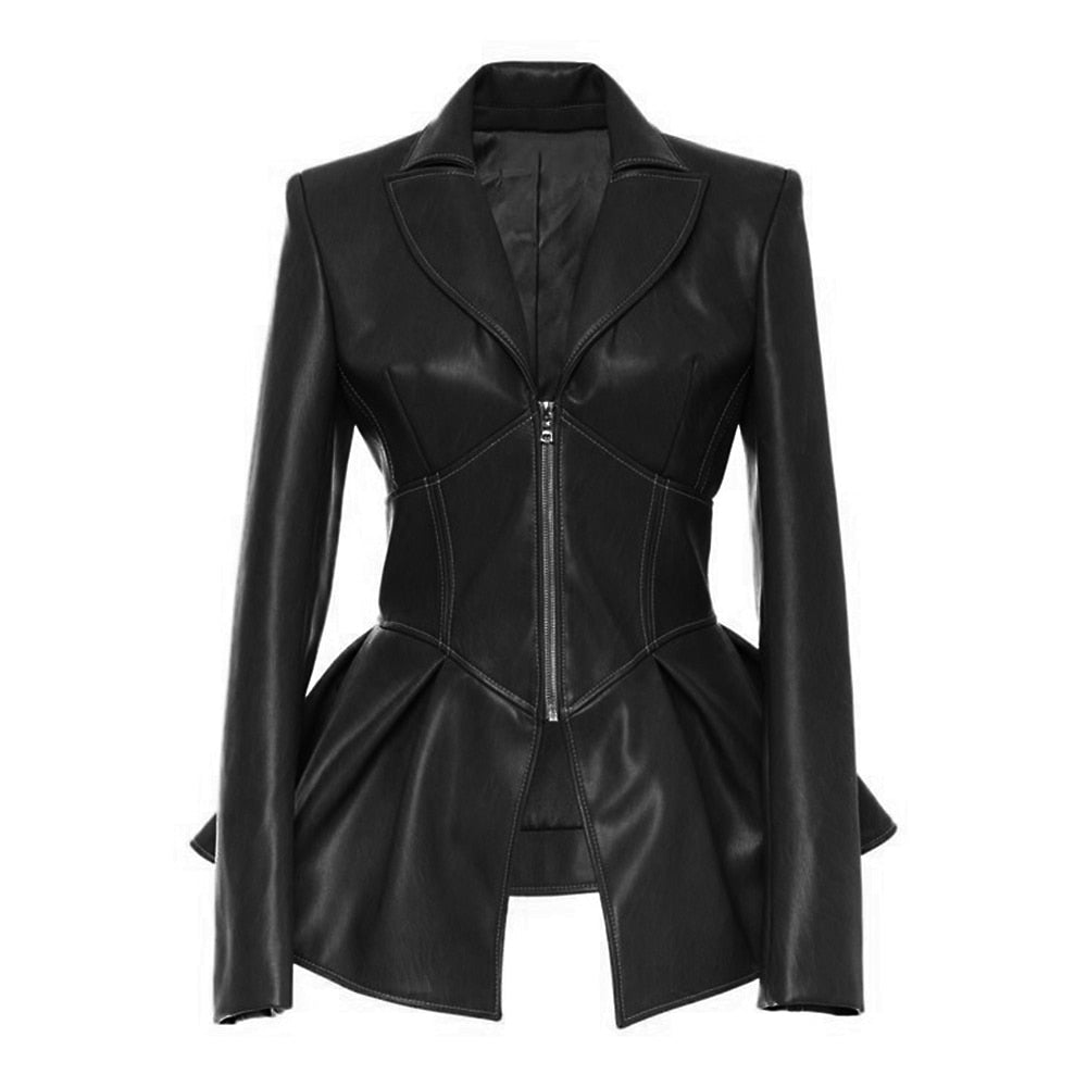 QUEENUS Faux Leather Women PU Jacket Coat Black Gothic Fashion Pleated V-neck 2021 Spring Female Plus Size.