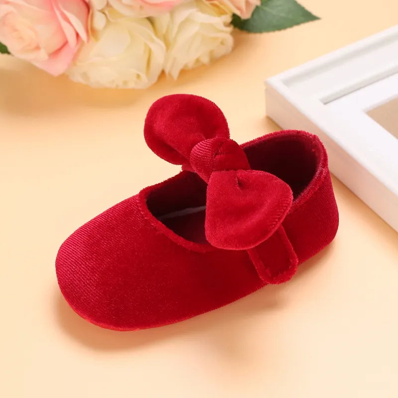 Christmas Red Velvet Princess Baby Shoes with Bow, Size 0-18 Months