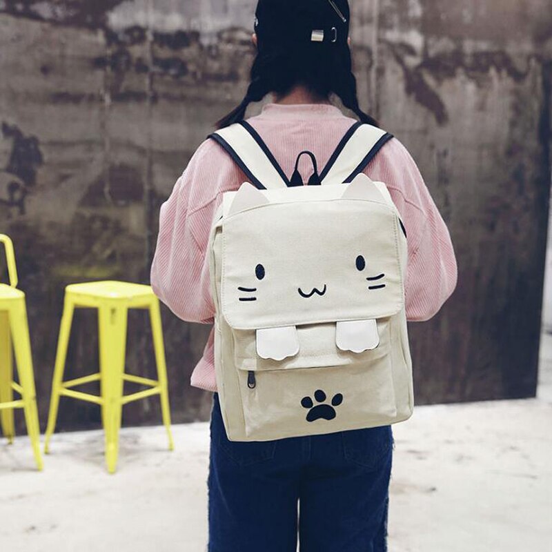 2022 Cute Cat Canvas Backpack Cartoon Embroidery Backpacks For Teenage Girls School Bag Casual Black Printing Rucksack Mochilas - GOLDEN TOUCH APPARELS WOMEN