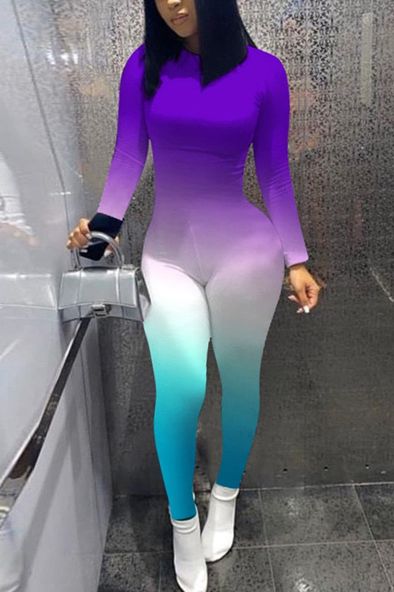 Workout Active Wear Gradients Color Rompers Womens Jumpsuit Sporty Long Sleeve Fitness Clubwear Zipper Party Jumpsuits Bodycon - GOLDEN TOUCH APPARELS WOMEN